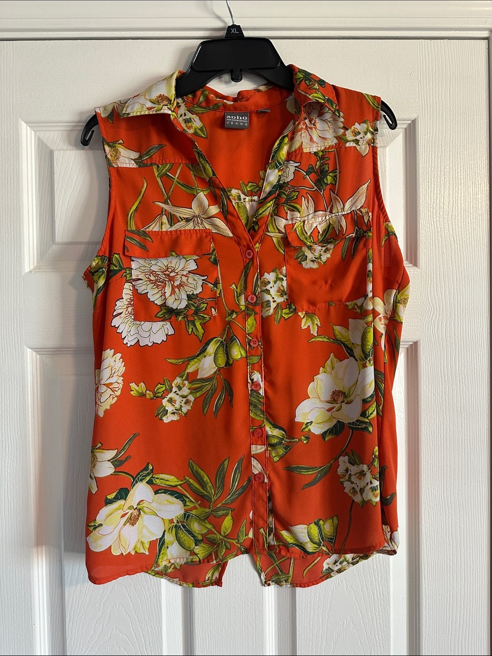 New York & Company Orange Floral Sleeveless Button-Down Top